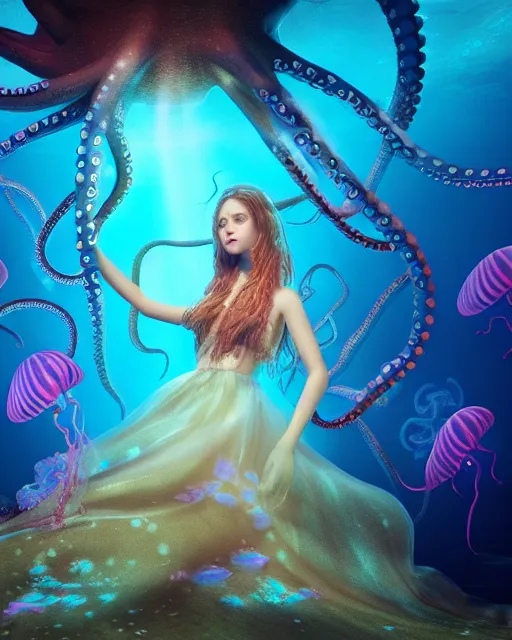 Image similar to a beautiful girl underwater wearing an octopus dress surrounded by glowing jellyfish, 8 k realistic, hyperdetailed, beautiful lighting, detailed background, depth of field, symmetrical face, frostbite 3 engine, cryengine