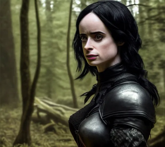 Image similar to 5 5 mm close up portrait photo of krysten ritter as yennefer of vengerberg in black leather armor and black hair, in a forest. magical atmosphere. art by greg rutkowski. lifelike. very detailed 8 k. intricate. soft light. nikon d 8 5 0.