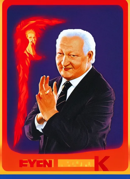 Prompt: president yeltsin in hell, infernal icon with a halo, color art in church style 8 k