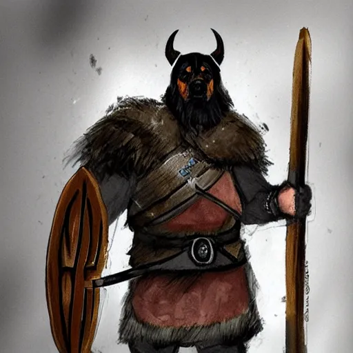 Image similar to rottweiler dressed as a Viking Warrior, drawing, concept art