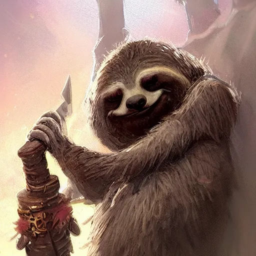 Image similar to cute little anthropomorphic sloth, wielding a magic staff, tiny, small, short, wizard robe, cute and adorable, pretty, beautiful, dnd character art portrait, matte fantasy painting, deviantart artstation, by jason felix by steve argyle by tyler jacobson by peter mohrbacher, cinema