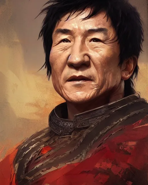 Prompt: a portrait of jackie chan in the style of a [ qin empire ] warrior!, art by greg rutkowski and artgerma, stunning! concept art, character design
