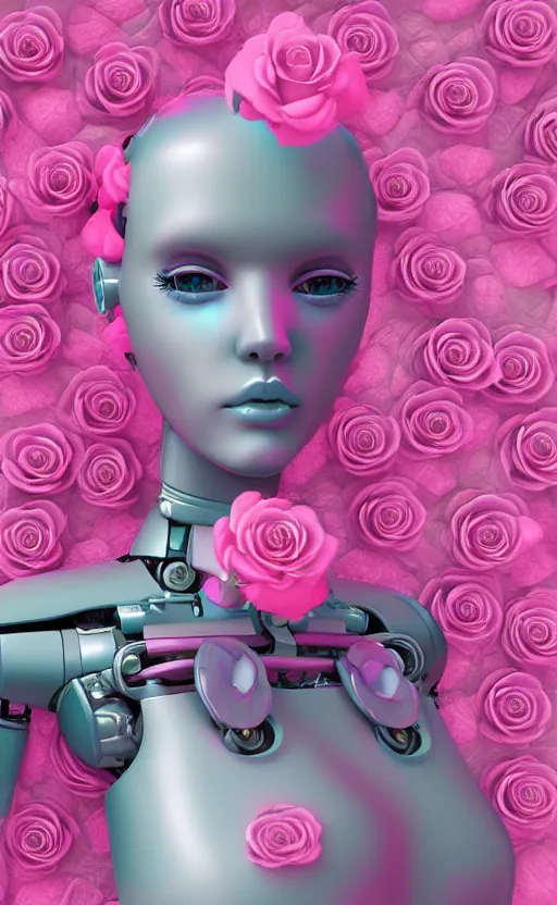 Prompt: detailed vaporwave pastel female robot covered in roses, 3d, digital art, 4k