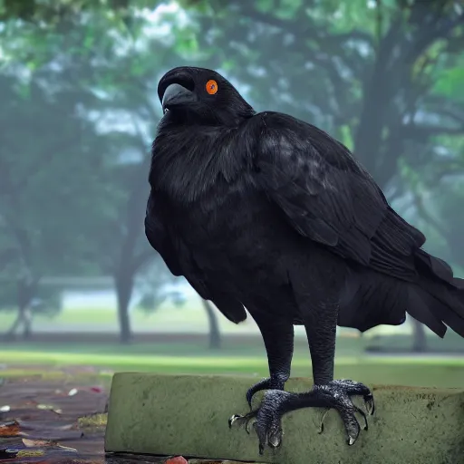 Image similar to a big friendly jungle crow in a park in a rainy day, digital painting, ultra detailed, unreal engine 5