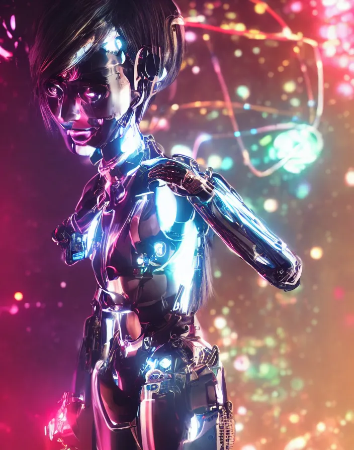 Image similar to full body portrait photo of japanese model cyborg with digital led skin, neon lighting, techno neon projector background, portrait photo, intricate details, ultra realistic, unreal engine 5, depth of field, bokeh, octane render, tron, irobot, bladerunner 8 k hd