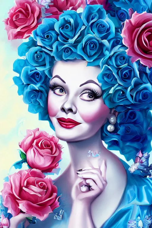 Prompt: beautiful digital painting of Lucille Ball and blue roses and pearls by Georgia O\'Keeffe, Carmelo Blandino, Cyril Rolando, artstation, Behance, 4K,