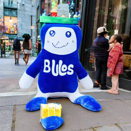 Image similar to blue'snappy gifts'plush doll, human - sized, on sidewalk, giving gifts to people, happy atmosphere, high detail, soft lighting, 8 k