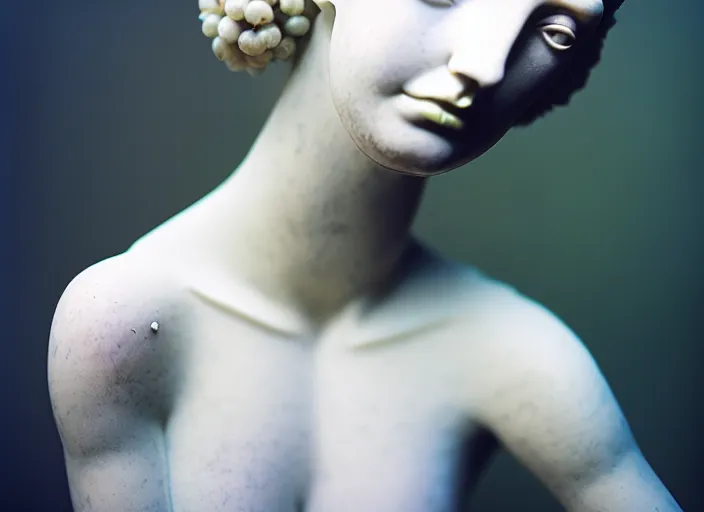 Image similar to cinestill 5 0 d photo portrait of a beautiful hybrid woman - statue in style of tim walker by roberto ferri, body skin weird marble, hair is intricate tulle, 5 0 mm lens, f 1. 2, sharp focus, ethereal, emotionally evoking, head in focus, bokeh volumetric lighting, tonal colors outdoor