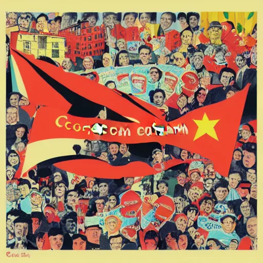 Image similar to a communist revolution in Candy Land, 1960s illustration, high quality, collage in the style of Klaus Voormann and Chinese Propaganda and Andy Warhol, album cover