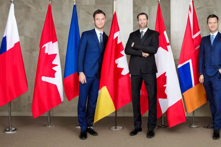 Image similar to full body portrait of a 3 5 year old man standing with his arms around his two girlfriends, one on either side, infront of a line of canadian flags. everyone is wearing formal business attire. atmosphere is serious, dignified, traditional. official government portrait. oil painting, very realistic, 2 1 st century