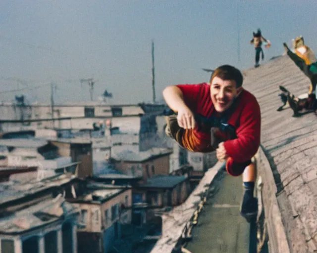 Image similar to lomo photo of roofjumpers climbing on roof of soviet hrushevka, small town, cinestill, bokeh, out of focus