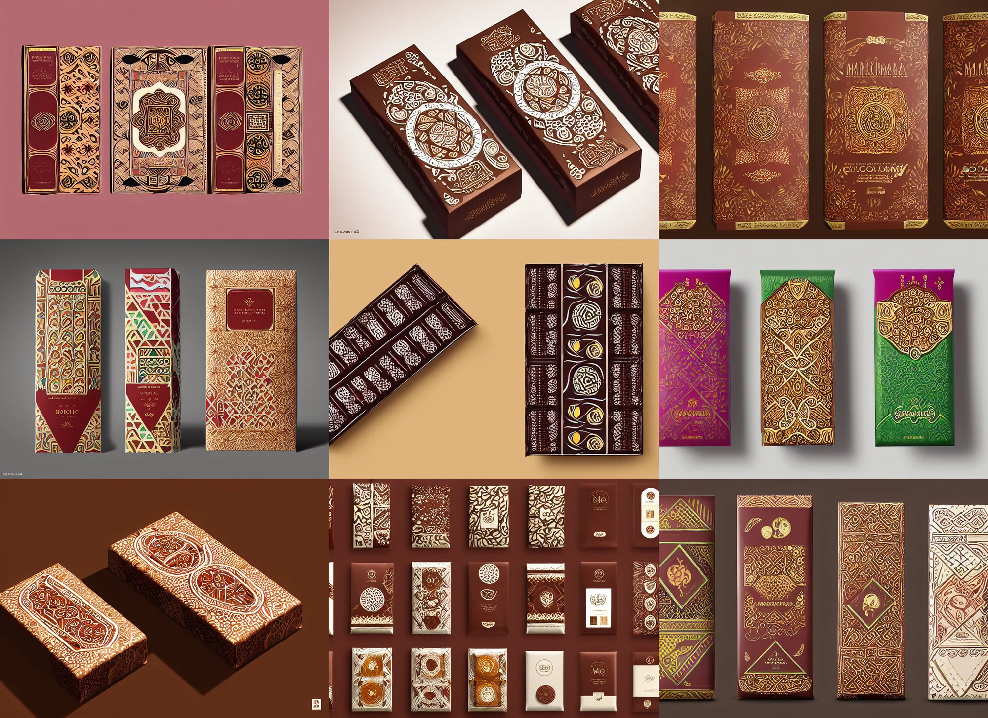 Prompt: conceptual designer chocolate bar packaging, inspired by turkish motifs, midsommar, label design, behance, pinterest, packaging of the world, award, front label, packaging design, octane render