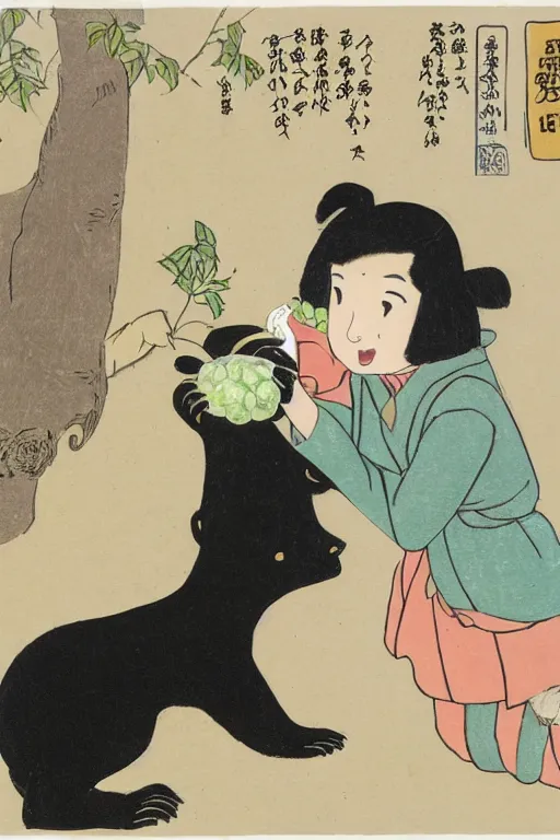 Image similar to a young smiling girl gives a peach to a really large anthropomorphic asian black bear, in the style of foujita tsuguharu