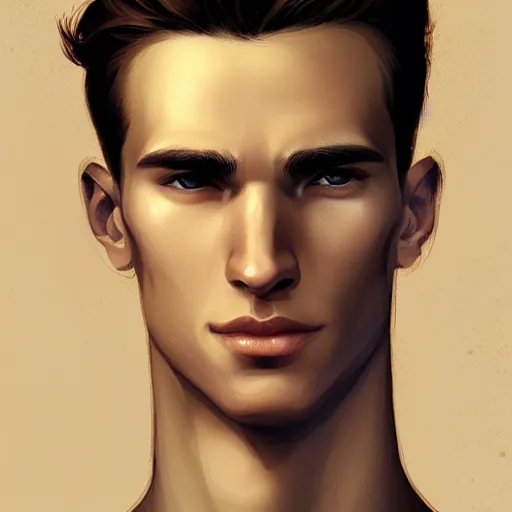Prompt: man in his twenties with brown blond short quiff hair and thin slightly round facial structure with cleft chin, bumpy nose, good definition of cheekbones, Alert brown eyes, narrow face, slim body, atmospheric lighting, painted, intricate, 4k, highly detailed by Charlie Bowater