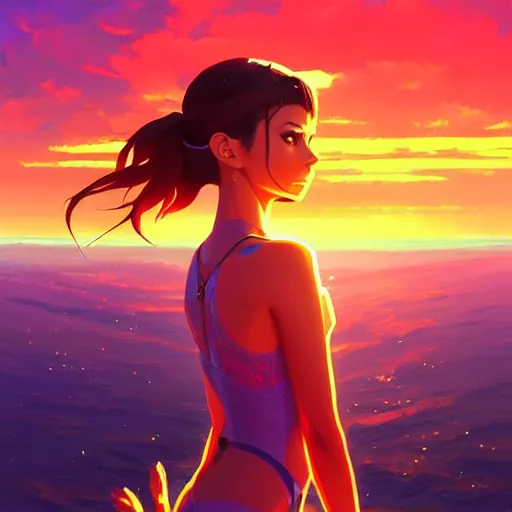 Image similar to nina dobrev, sunset background, intricate, highly detailed, digital painting, artstation, official media, anime key visual, concept art, rich vivid colors, ambient lighting, sharp focus, illustration, art by Artgerm, Makoto Shinkai, Ilya Kuvshinov, Lois Van Baarle, and Rossdraws