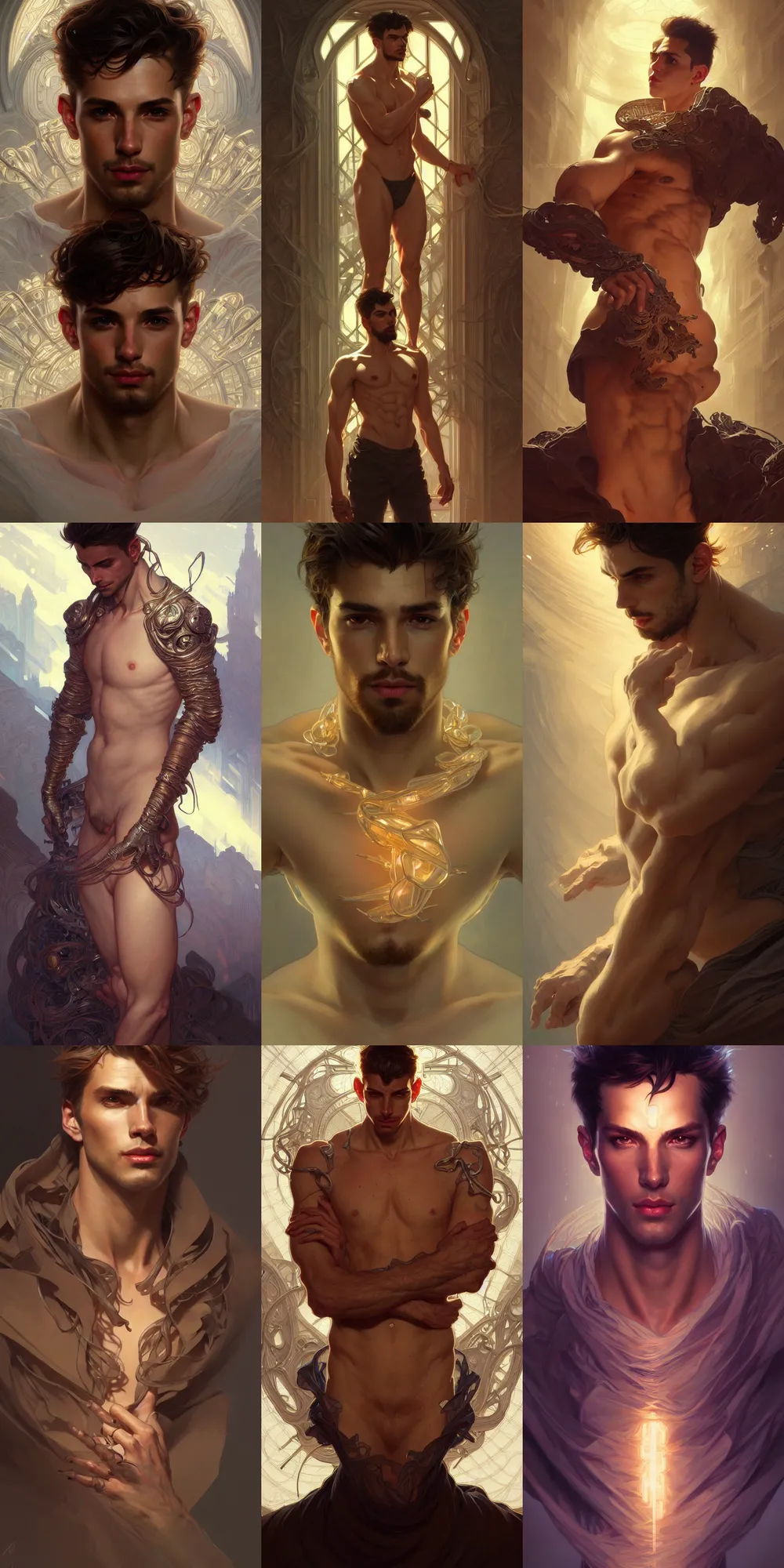 Image similar to clear portrait of a lonely attractive men, hyper detailed, character concept, full body, dynamic pose, glowing lights!! intricate, elegant, highly detailed, digital painting, artstation, concept art, smooth, sharp focus, illustration, art by artgerm and greg rutkowski and alphonse mucha