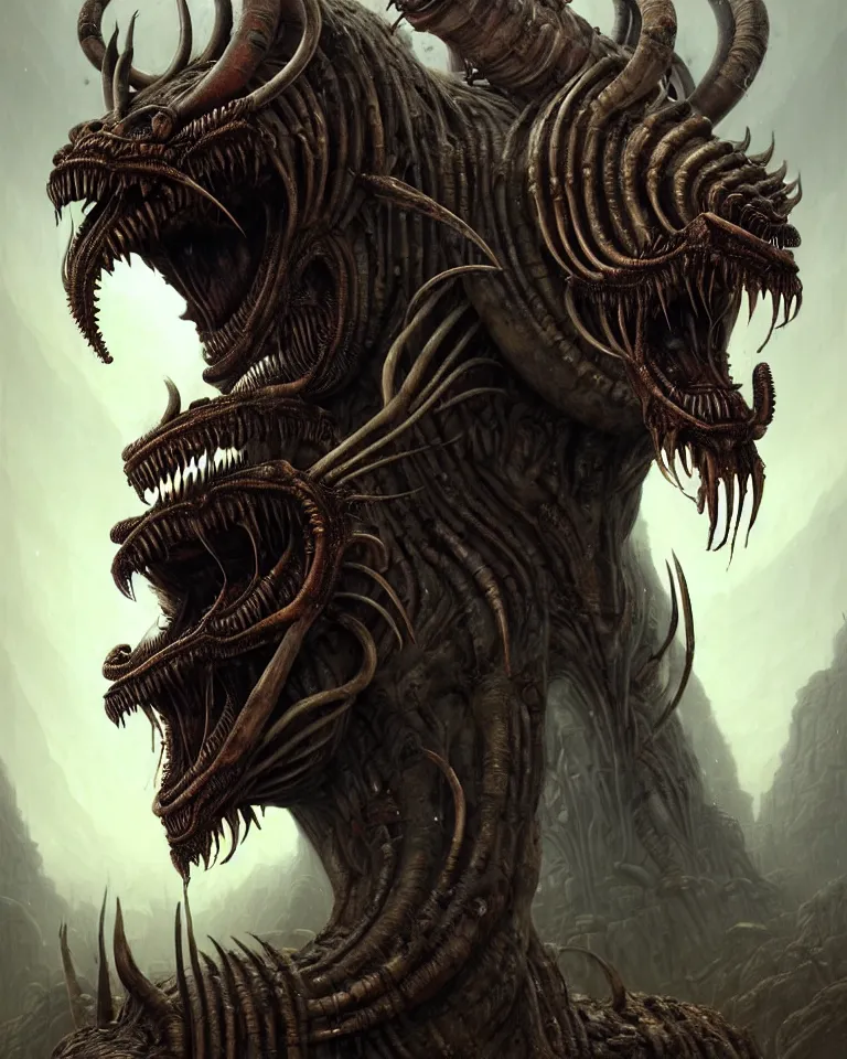 Image similar to full - face close - up portrait, the primal god of the wild who slowly turns his worshipers into twisted animalistic monsters by bruce brenneise and peter mohrbacher and h r giger, alien ancient ruins in background, 3 d render, neosurrealism. digital concept art, pixel art, rendered in octane, trending on cgsociety, trending on artstation