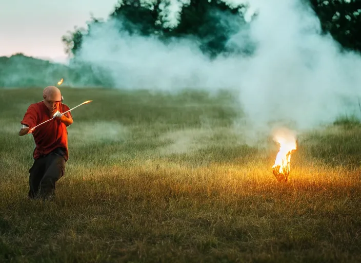 Image similar to squidward practicing firebending in an open field at susnset, 1 2 0 mm, dramatic lighting'