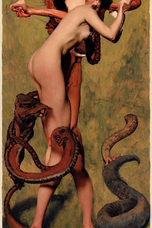 Image similar to portrait of fierce woman as with human head and serpent's body, norman rockwell, jacob collins, tom lovell, frank schoonover