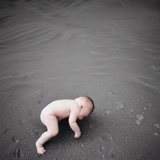 Image similar to an infant child crawling on the surface of the moon, 🌕, baby, human, crawl, canon eos r 3, f / 1. 4, iso 2 0 0, 1 / 1 6 0 s, 8 k, raw, unedited, symmetrical balance, wide angle