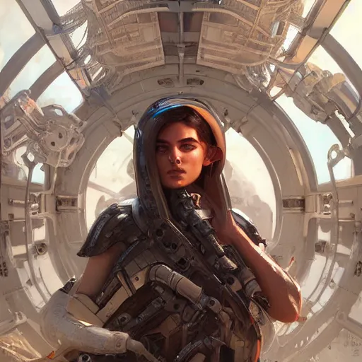 Image similar to portrait painting of a futuristic rugged female rebel, alien world, colonisation, ultra realistic, concept art, intricate details, eerie, highly detailed, photorealistic, octane render, 8 k, unreal engine. art by artgerm and greg rutkowski and alphonse mucha