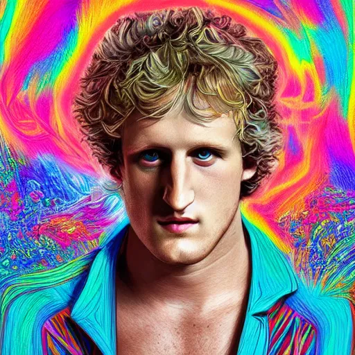 Image similar to an extremely psychedelic portrait of logan paul, lsd, face, detailed, intricate, elegant, lithe, highly detailed, digital painting, artstation, concept art, smooth, sharp focus, illustration