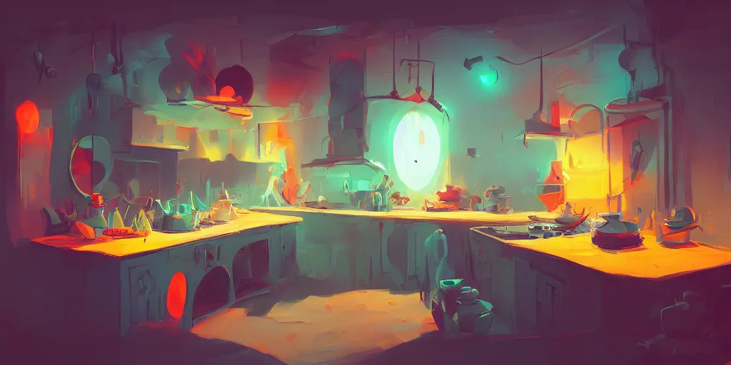 Image similar to weird!!!!! perspective epic illustration of a kitchen dim lit by 1 candle in a scenic environment by Anton Fadeev