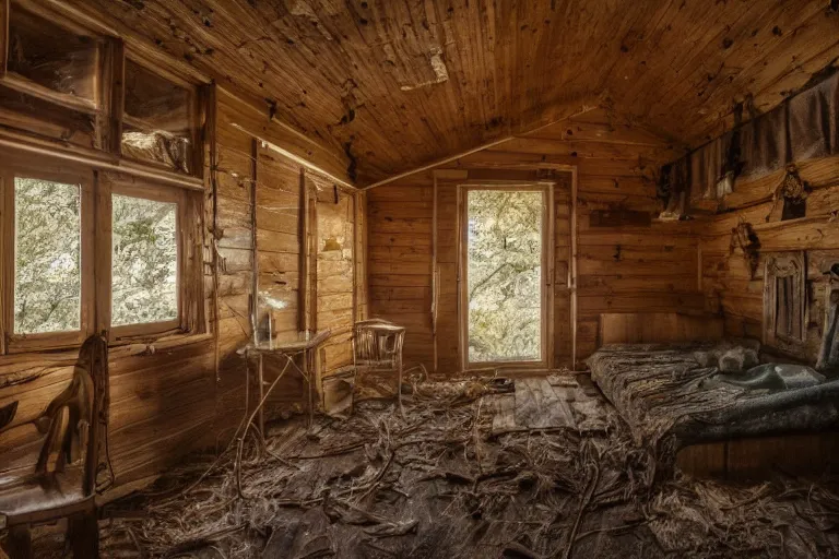 Image similar to a film production still, 2 8 mm, wide shot of a cabin interior, wooden furniture, cobwebs, spiderwebs, dynamic volumetric lighting, abandoned, depth of field, cinematic