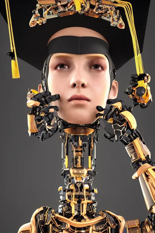 Image similar to a portrait of a extremely intricately detailed beautiful robot wearing on its head a highly detailed perfect render black graduation hat, realism. concept art. unreal engine 5, f / 1. 8, v - ray, ultra hd, 8 k, graduation photo, atmospheric beautiful background and beautiful lighting. hyper realism.