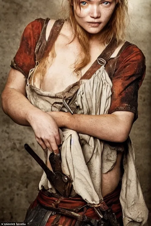 Image similar to female blacksmith, very burly. strawberry - blonde hair, many freckles. resembles natalia vodianova