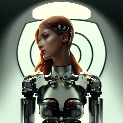 Image similar to Mechanical female android looking, cinematic lighting, intricate, elegant, super highly detailed, art station, concept art, smooth, sharp focus, no blur, no dof, extreme illustration, Unreal Engine 5, Photorealism, HD quality, 8k resolution, cinema 4d, 3D, beautiful, delicate, art by artgerm and greg rutkowski and alphonse mucha and loish and WLOP