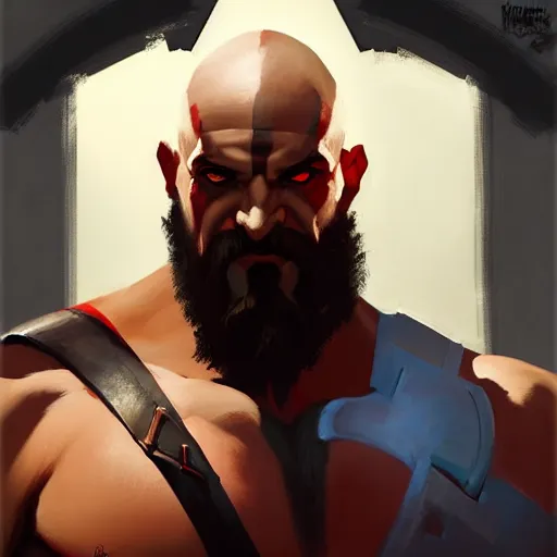 Image similar to Greg Manchess portrait painting of Kratos as Overwatch character, medium shot, asymmetrical, profile picture, Organic Painting, sunny day, Matte Painting, bold shapes, hard edges, street art, trending on artstation, by Huang Guangjian and Gil Elvgren and Sachin Teng