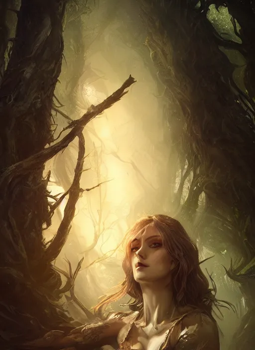 Image similar to portrait of the guardian of the forest, dramatic lighting, soft light, wonderful shading, realistic perfect face, concept art, dynamic pose, digital illustration, trending on artstation, intricate details, epic composition, sharp focus, 8 k uhd, masterpiece, wlop, ross draws