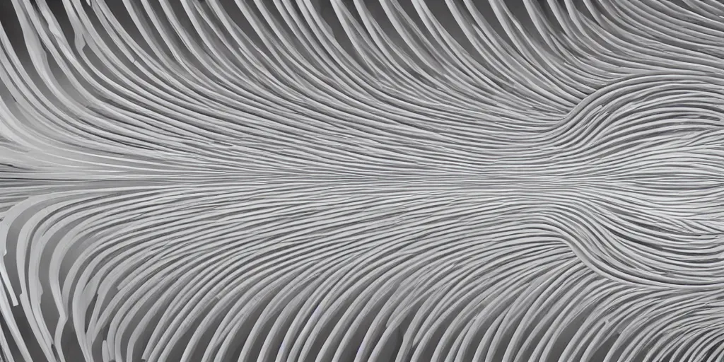 Image similar to awe symetrical highly sophisticated highly intricated generative flow fields curve ornate network wood sagrada familia ceiling continuous landscape flow, dezeen, zaha hadid, hyper realistic pastel light gray dark gray and white, ultra detailed, parametric architecture, 8k, epic cinematic detailed, 3D