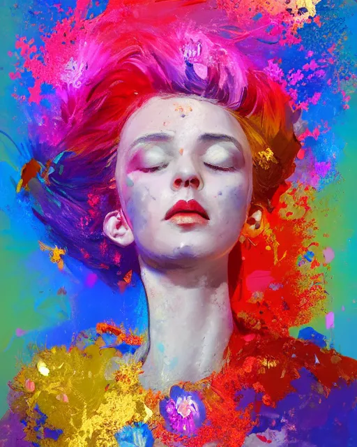 Prompt: portrait of Ewa Reis , colorful clothes, bright colors, silver filigrees, flowers, brushwork, Golden embers flying,vivid color.digital 2D, painterly style, cinematic matte Illustration,trending on pixiv and artstation.Fantastic depth-of-field effect in Bacnground,by Wlop,Mika Pikazo，Yoneyama Mai，Makoto Shinkai, VOFAN