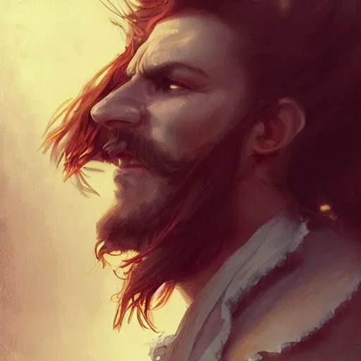 Prompt: portrait painting of a 3 0 years old rugged masculine muscular female joyful flirtatious pirate long long hair soft hair flowing hair crimson hair upper body only chest hair long coat elegant rugged pretty unreal render cinematic lighting art 1 9 2 0 period drama by bussiere rutkowski andreas rocha