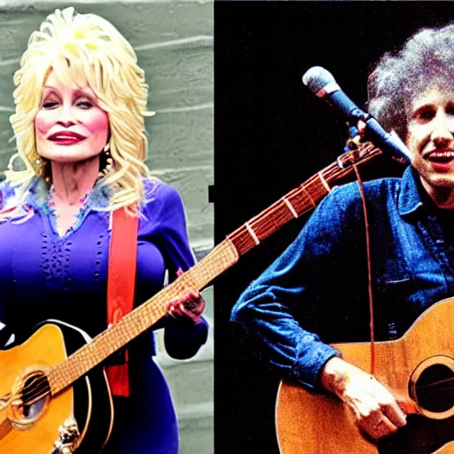 Prompt: Photo of Dolly Parton jamming with Bob Dylan