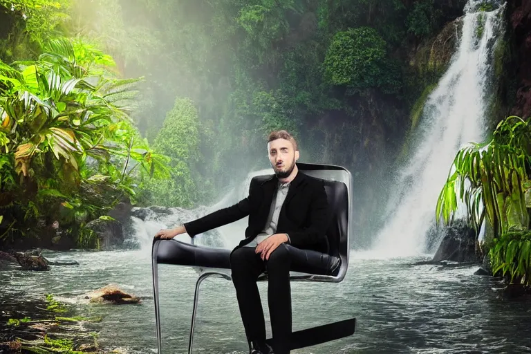 Image similar to young man with a grey beard in a cyberpunk suit sitting on a futuristic chair at the edge of a jungle waterfall