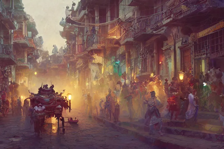 Image similar to carnaval de barranquilla, thorough details, intricate, artstation, atmosphere, highly detailed, craig mullins, james jean, cinematic, digital painting, deviantart, cinematic lighting, 4 k