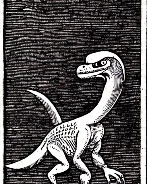 Image similar to b & w woodcut of a velociraptor from the nuremberg chronicle, 1 4 9 3, restored, hq scan