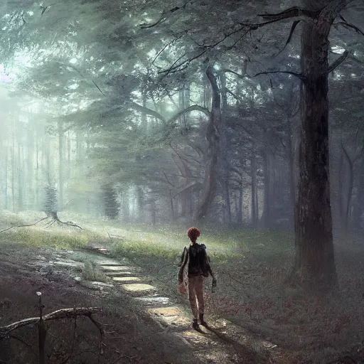 Image similar to a ultra detailed beautiful painting of a man exploring an abandoned house in a forest, oil panting, high resolution 4 k, by ilya kuvshinov, greg rutkowski and makoto shinkai