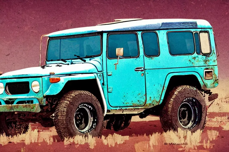 Image similar to digital illustration of a faded cyan mad max's fj 4 0 decrepit!!!! pursuit special, rusty!!! nissan fj cruiser heavily modded 1 9 9 0 s, the last v 8 interceptor by makoto shinkai, ilya kuvshinov, lois van baarle, rossdraws, basquiat