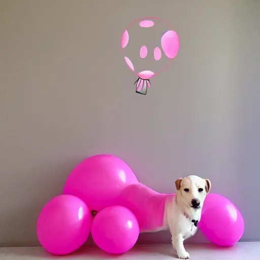 Prompt: pink balloon art of dog in pink room