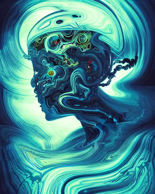 Prompt: robot head cloudy artificial consciousness, delirium, chaotic storm of twisting liquid smoke, by james jean, peter mohrbacher, anato finnstark, swirling fluid smokey enigma, radiant light