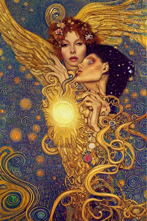 Prompt: Visions of Paradise by Karol Bak, Jean Deville, Gustav Klimt, and Vincent Van Gogh, visionary, otherworldly, dreamscape, radiant halo, fractal structures, infinite angelic wings, ornate gilded medieval icon, third eye, spirals, heavenly spiraling clouds with godrays, airy colors