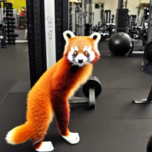 Prompt: a red panda at the gym lifting weights, gigachad red panda, ripped red panda, working out