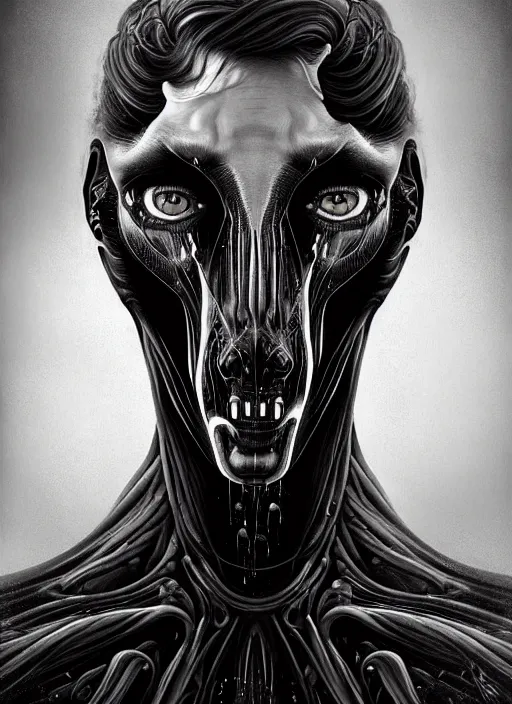 Image similar to a dream portrait of a man - horse aberration, black & white, melting, webbing, 8 k, by tristan eaton, stanley artgerm, tom bagshaw, greg rutkowski, carne griffiths, ayami kojima, beksinski, giger, trending on deviantart, face enhance, hyper detailed, minimalist, horror, alien