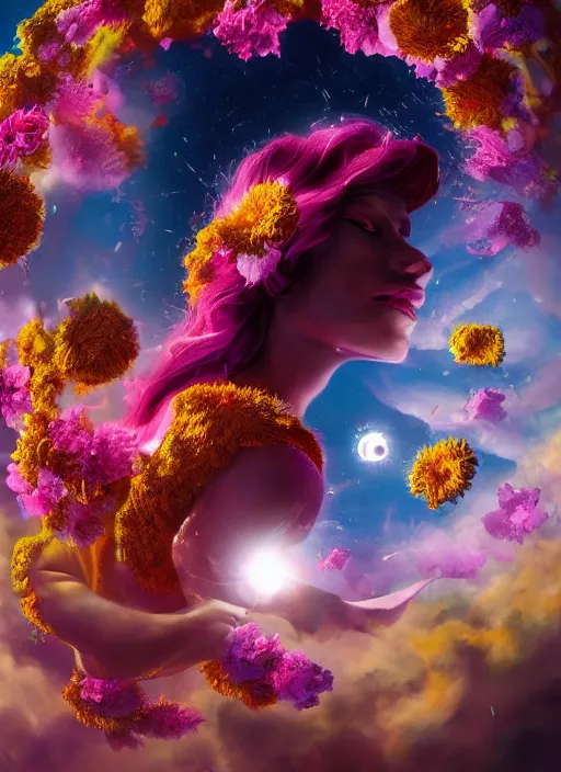 Image similar to An epic fantastic realism comic book style painting of the most beautiful flowers launched into space, bouquets, solar eclipse, fisheye, unreal 5, DAZ, hyperrealistic, octane render, dynamic lighting