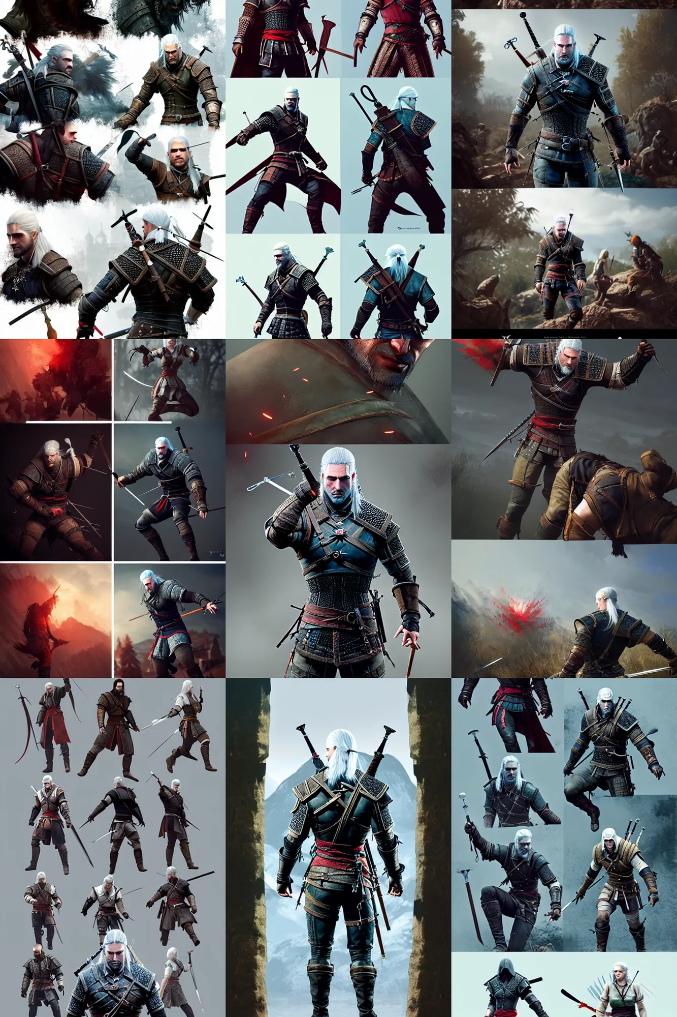 Prompt: detailed spot illustrations from the witcher 3 and assassin's creed 2 crossover, various action poses, by bridgeman, by burne hogarth, by conrad roset, by yoshitaka amano, by ruan jia, cgsociety, artstation, portfolio quality.