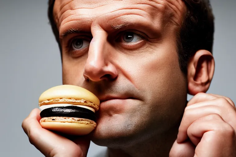 Prompt: closeup portrait of macaron emmanuel macron face on a macaron, natural light, sharp, detailed face, magazine, press, photo, steve mccurry, david lazar, canon, nikon, focus